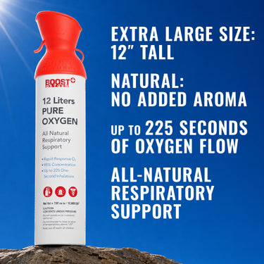 A can of Boost Oxygen Rapid Response against a blue sky with feature call outs on right side.