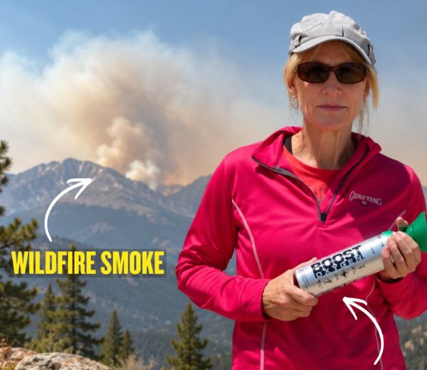 A woman in a pink zip-up jacket and gray cap stands outdoors in front of a mountain with wildfire smoke in the sky, holding a can labeled Boost Oxygen. Large text reads 'WILDFIRE SMOKE' with arrows pointing to the smoke.