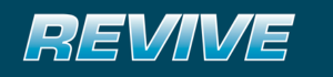 A rectangular logo featuring the word REVIVE in large white letters with a blue outline on a dark blue background.