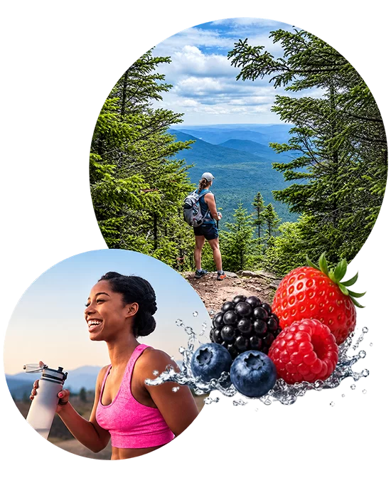 Two images of women outdoors enjoying Oxyburst with a image of fruit in between them.