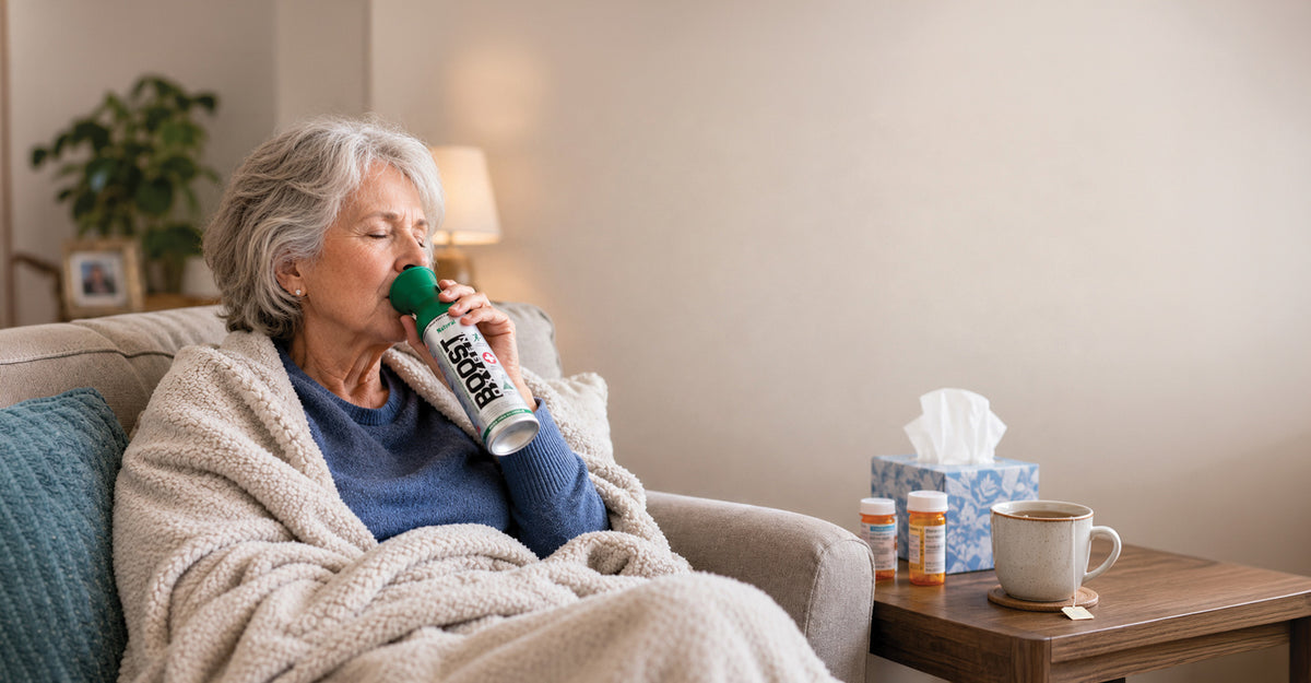 Woman wrapped in a black sitting on a coach using Boost Oxygen.
