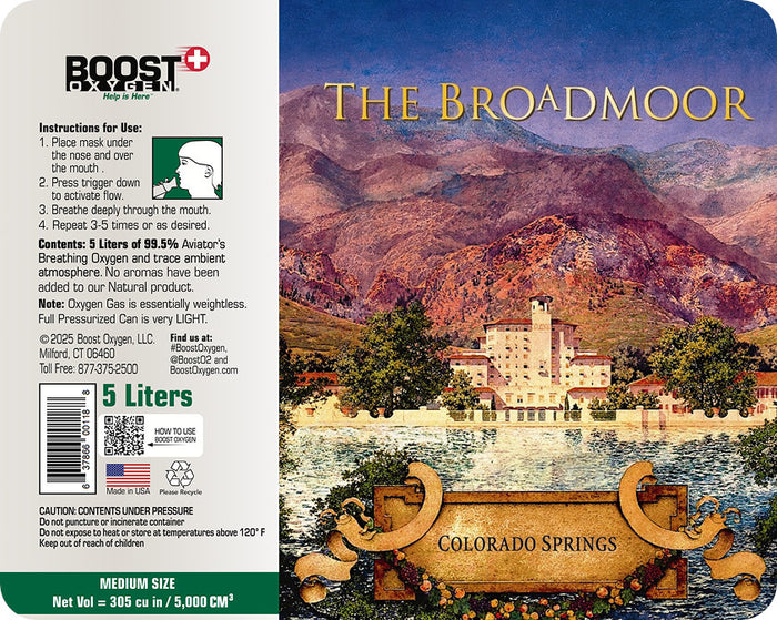 Boost Oxygen 'The Broadmoor' Colorado Springs 5-liter instruction card.